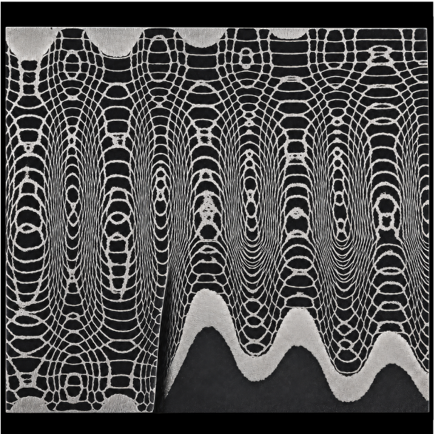 stainless spirograph pattern san mai flat bar which has silver circular lines flowing around dark colors