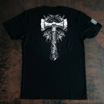 black t shirt with white war hammer graphic and vegas forge text across top