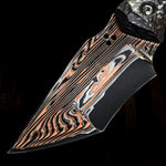 Custom knife made with DarkFire San Mai, showing flowing copper, nickel, and dark etched carbon-steel layers.