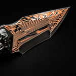 DarkFire San Mai custom knife on a black background, showing copper, nickel, and dark etched steel.