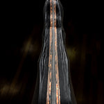 Spine view of a custom knife handle showing twin DarkFire San Mai strips with visible copper layers.