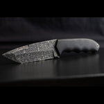 tanto fixed blade with black carbon fiber handles and blade made with stainless dot matrix  damascus
