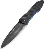 Benchmade folding knife with Fireball stainless Damascus blade, crafted by Vegas Forge, showing bold layered steel pattern.
