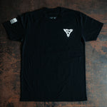 black t shirt with a white vegas forge logo on the front and white american flag on the right sleeve