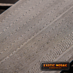 Close-up of herringbone pattern damascus with 'exotic mosiac' label.