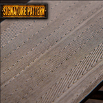 Close-up of herringbone pattern damascus with 'Signature Pattern' label.