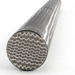 a stainless honeycomb pattern damascus steel round bar with white background