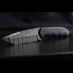 tanto fixed blade with black carbon fiber handles and blade made with stainless ladder pattern damascus