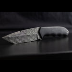 tanto fixed blade with black carbon fiber handles and blade made with stainless raindrop pattern damascus