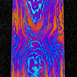 A colorful abstract patterned damtanium flat bar with swirling bands of blue, purple, pink, orange, and cyan, shown against a dark textured background.