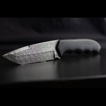 tanto fixed blade with black carbon fiber handles and blade made with stainless random pressed pattern damascus