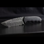 tanto fixed blade with black carbon fiber handles and blade made with stainless razorwire pattern damascus