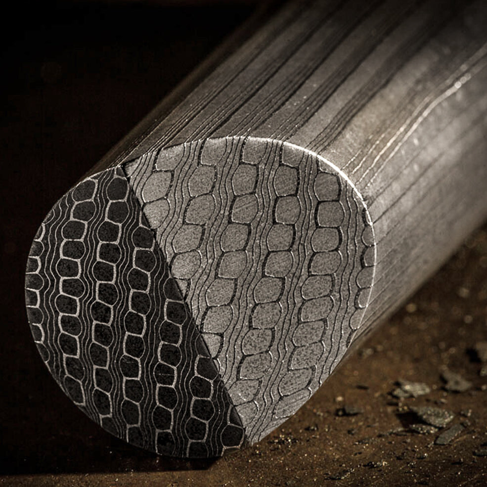 Reptilian Damascus Round Bar – Stainless 3-Alloy Rod | Vegas Forge