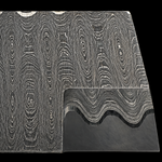 close up image of a stainless steel sharktooth pattern san mai flat bar with bevel ground into corner showing the core material on a black background