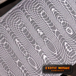 Patterned spirograph damascus steel with 'exotic mosiac' label on a gray background