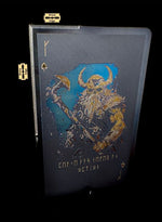 titanium cutting card with viking warrior laser engraved into card