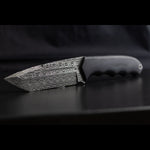 tanto fixed blade with black carbon fiber handles and blade made with stainless vines & roses damascus