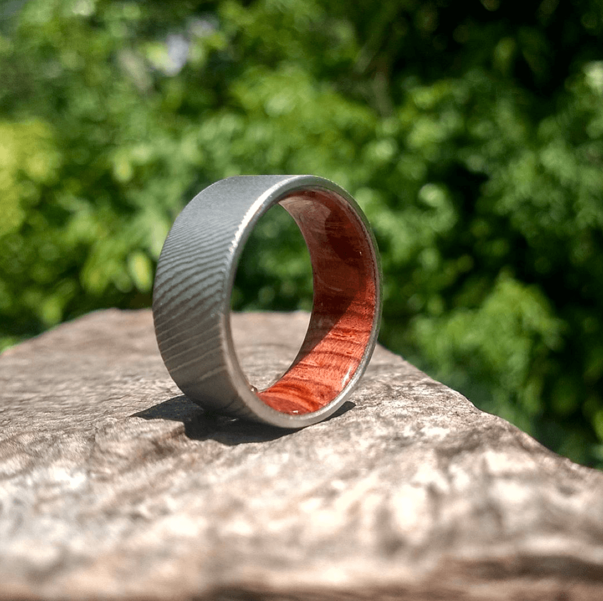 A ring with a random Vegas Forge Damascus pattern
