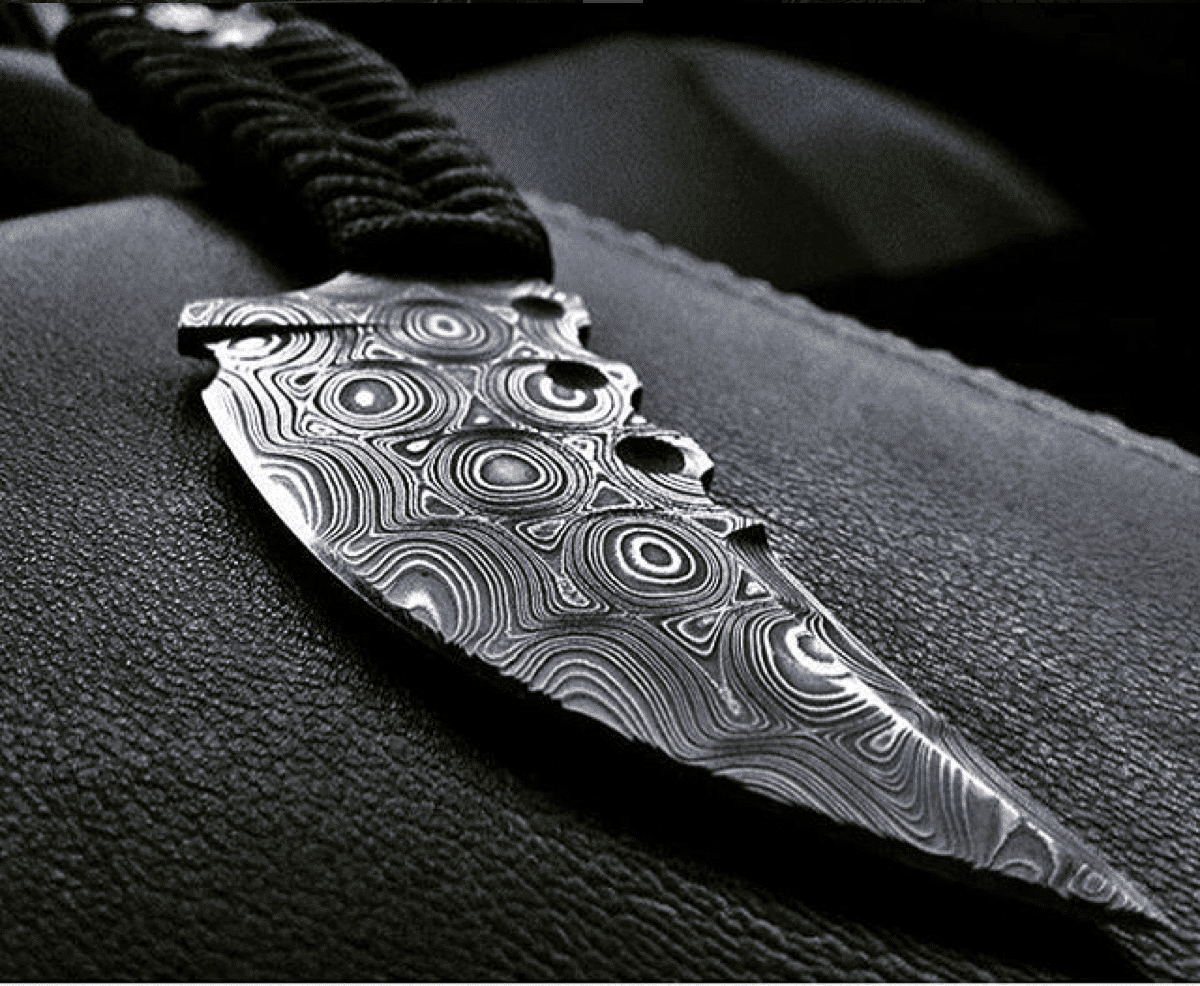 A knife made with Typhoon Damascus from Vegas Forge